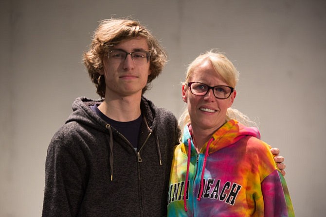 Leo Mahdessian, technology director and senior at Langley High School, and his mother Nancy on the set of the fall production of “The Dining Room” at Langley High School. 