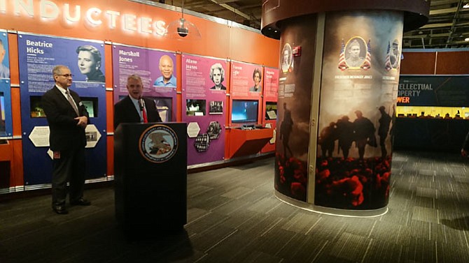 Fred Steckler, chief administrator of the U.S. Patent and Trademark Office, makes remarks after unveiling the Visionary Veterans exhibit Nov. 9 at the National Inventors Hall of Fame. The exhibit showcases the innovations of five veterans from World War I.