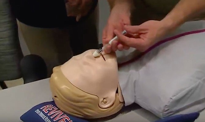 Fairfax County offers training on how to revive possible opioid overdose victims. Here a trainee learns how to administer nasal Naloxone, which almost instantly reverses the effects of an opioid overdose.