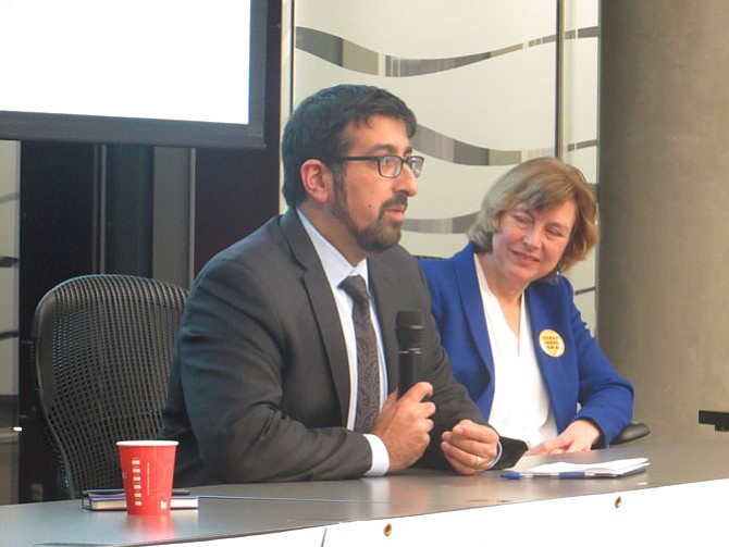 Praveen Kathpal (left), vice chair of the Alexandria Environmental Policy Commission, and Ivy Main (right), renewable energy chair for the Virginia chapter of the Sierra Club.