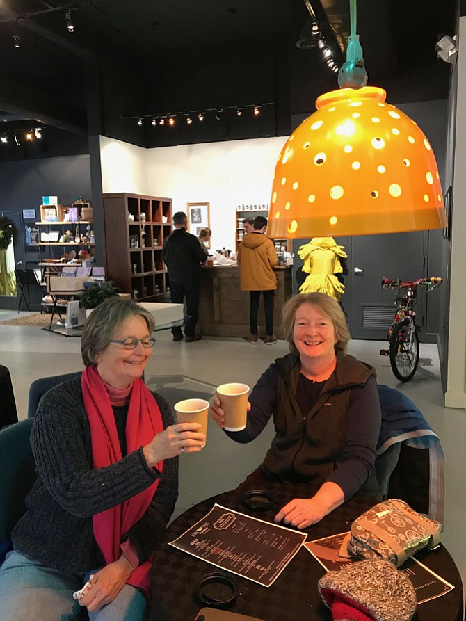 Laura Robinson and Kelly Westenhoff of Reston enjoy a ‘cuppa’ tea at the Elden Street Tea Shop, ‘Pop Up’ style, temporarily open Saturdays 11 a.m.- 4 p.m. at ArtSpace Herndon, 750 Center St.