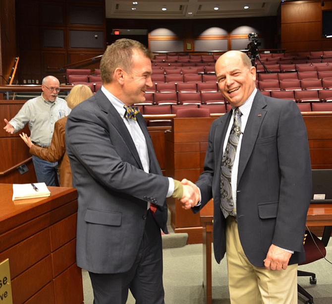 State Sen. Chap Petersen (D-34) meets with Bill Barfield, second vice president, Legislative Committee co-chair for the Fairfax County Federation of Citizens Associations. Barfield, a mathematician who lives in Fairfax, and Tim Thompson, the Federation’s president, presented their representatives with a list of 11 legislative issues for consideration. Their priorities include fair redistricting, dedicated Metro funding, granting counties the authority to generate revenue like cities, and several proposals to increase environmental protections.
