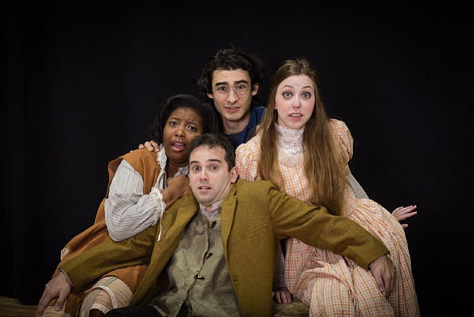 From left: Binta Barry as Ted, Jake Lefler as Prentiss, Raeanna Nicole Larson as Molly Aster and Gary Bernard DiNardo as Boy/Peter in “Peter and the Starcatcher” from Reston Community Players.
