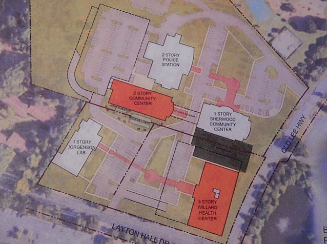 Option 1 site plan, with a parking deck behind the police station.