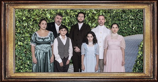 The Secret Garden family photo: Back row, from left, are Steve Cairns (Archibald Craven), Eric Jones (Dr. Neville Craven), and Paul Loebach (Captain Albert Lennox). Front row, from left, are Megan Evans (Lily), Blake Strauch (Colin), Meredith Abramson (Mary Lennox), and Michelle Moses-Eisenstein (Rose Lennox).