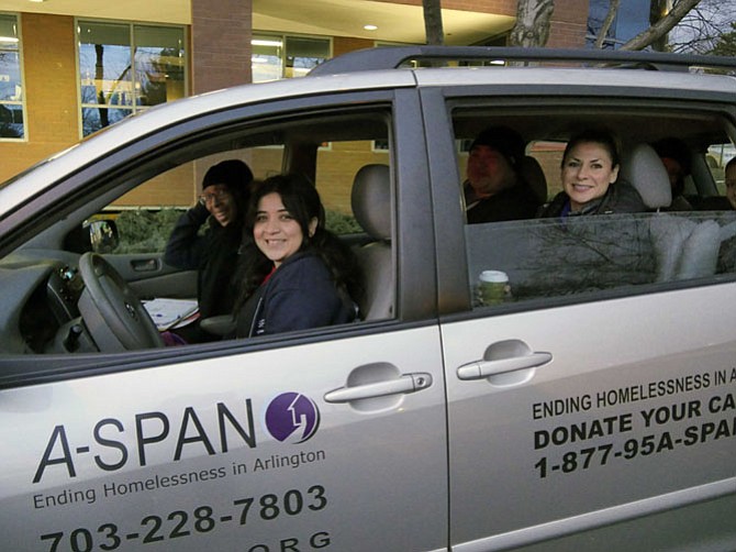 Team 4 takes off for its first stop at the Shirlington Library where homeless gather inside to keep warm.