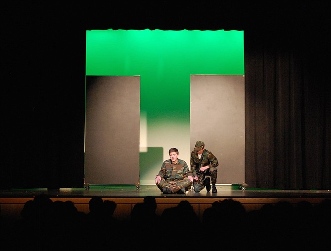 The character called “The Soldier,” played by Aidan Herzig, converses with Major Harris (Michael Hoeymans) as the Major finds his man stuck in one place when he mistakenly sat on a landmine.