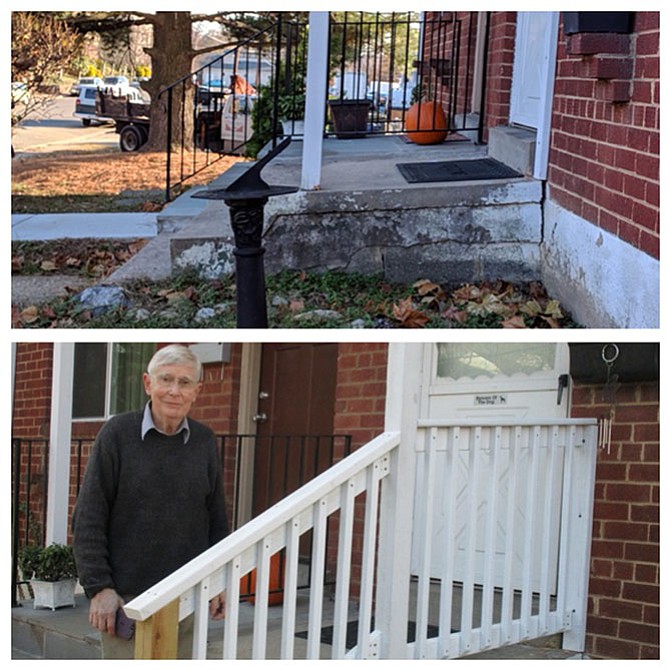 Before and after photo of Arthur, a volunteer for Rebuilding Together Alexandria, building a safety handrail for an in-need homeowner.