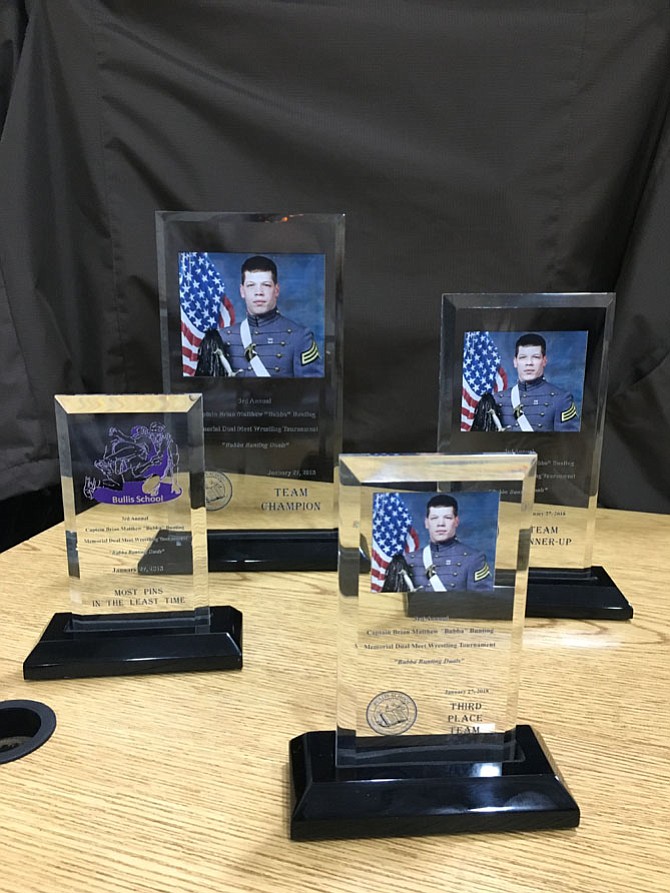 Trophies from the Captain Brian Matthew “Bubba” Bunting wrestling tournament held at Bullis School on Saturday, Jan. 27.