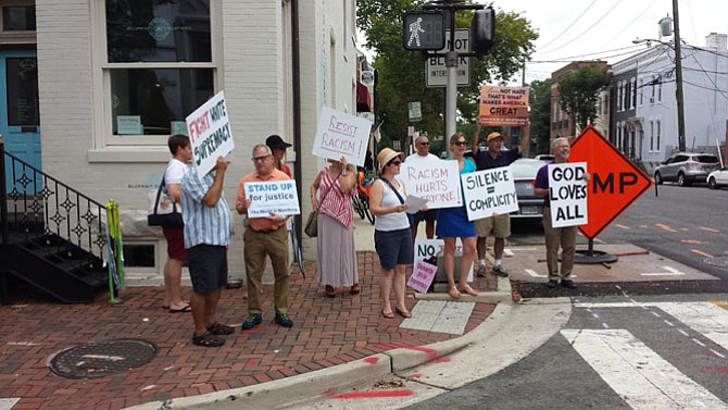 State Sen. Adam Ebbin, third from left, joins Grassroots Alexandria, at a protest on King and Patrick streets to oppose white supremacy. These protests occur every 2nd and 4th Sunday, 12:30 p.m. to 1:30 p.m. GRA then walks to the Appomattox statue on Prince and Washington streets to protest until 2 p.m.