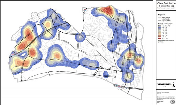 Heat map of DCHS client distribution.