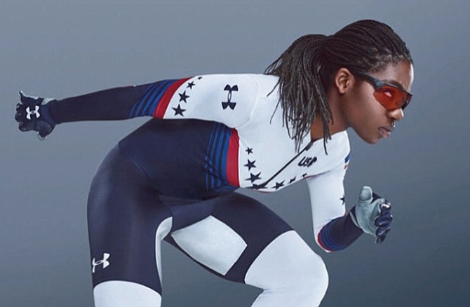 Maame Biney, 18 of Reston, a member of the U.S. Olympic short-track speedskating team posted this photo of herself on her Instagram account, biney.biney on January 26, 2018. “For once I’m not smiling. Want to thank U.A. (Under Armour, Inc.) for this pretty awesome suit #pyeongchang2018 #14daystogo.”