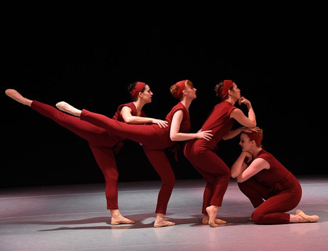 Gin Dance Company in performance of “Burgandy.” From left: Hannah Church, Michelle Conroy, Julia Hellmich, and Elizabeth Watson.