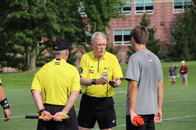 Soccer referee Ben Glass at a scrimmage at Flint Hill High School last fall.