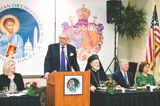 Prime Minister Cvijanovic, Royal Adjutant and St. Luke parishioner Branko Terzic, Bishop Irinej, HRH Prince Alexander and HRH Princess Katherine of Serbia.