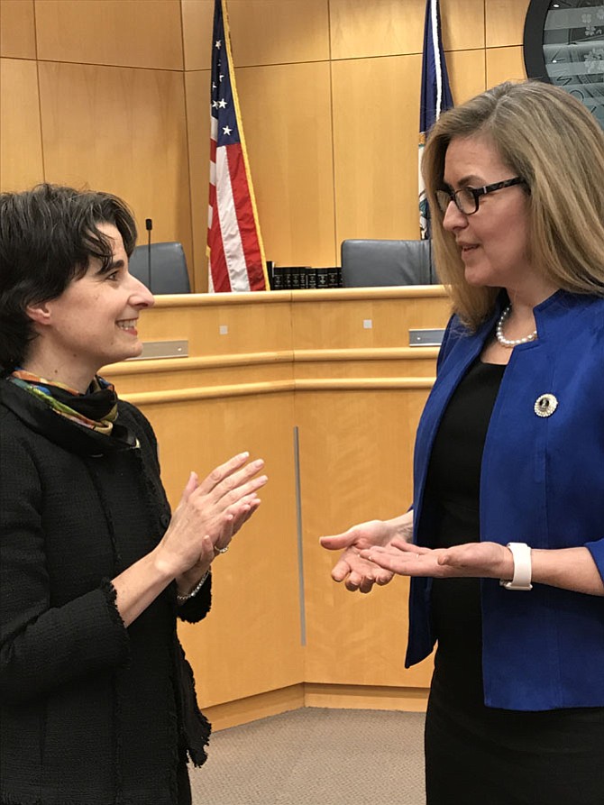 From left: Del. Jennifer Boysko (D-86) and state Sen. Jennifer Wexton (D-33) at the Legislative Town Hall Meeting held Saturday, Feb. 17, in Herndon.