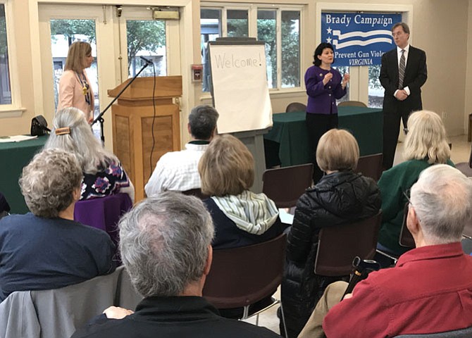 Northern Virginia Brady Chapter President Martina Leinz, state Sen. Barbara Favola (D-31) and Del. Paul Krizek (D-44) address the crowd about gun violence prevention at St. Aidan’s Episcopal Church on Feb. 25.