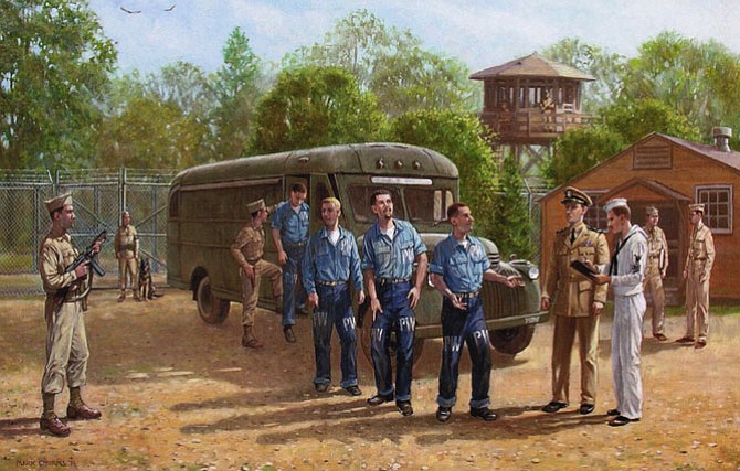 A painting of prisoners of war arriving at the camp.