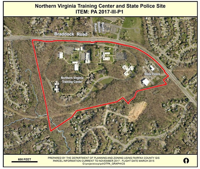 Map of the former Northern Virginia Training Center site. Erickson Living, owner of Greenspring Village, proposes to build a senior living facility on the site.