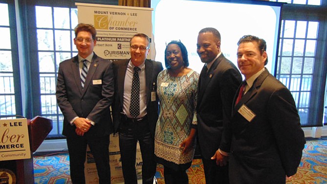 From left:  Scott Stroh, chairman of the Mount Vernon-Lee Chamber; Scott Brabrand, superintendent of Fairfax County Public Schools; Sonja Caison, chamber president; Anthony Terrell, principal Mount Vernon High School; and Matt Ragone, principal South County High School.