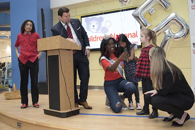 Mega Miracle Day kickoff: From left are Michael Welch, Children’s National patient ambassador; Bret Baier, TV news anchor; Briana Kinsey, Miss DC; Lily Grace Rancourt, Children’s National patient ambassador; Luca Thomas, Children’s National patient ambassador; and Mary Delaney, Senior Associate Director, Corporate Partnerships - ‎Children's National Health System.