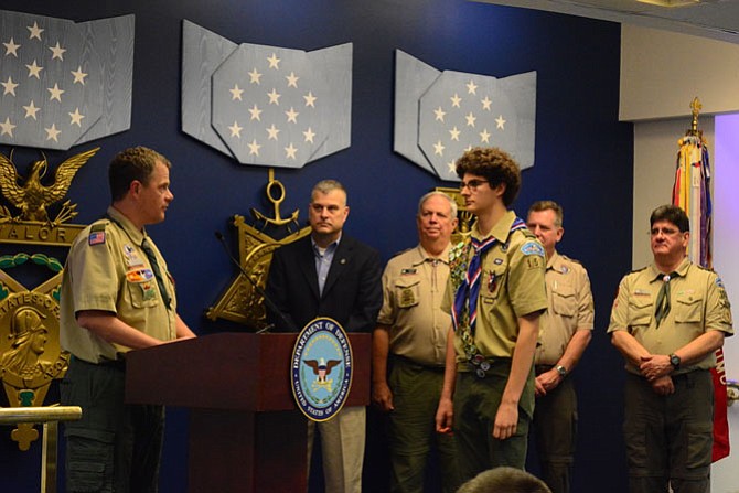 Scoutmaster Dennis Wokeck, Scott Wheeler, Lyle Rasnick, Tim Williams with Robert Law.