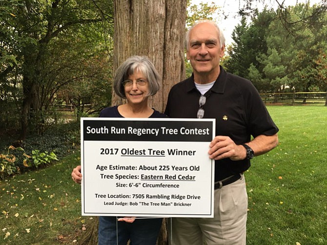 Lead Judge Bob ‘The Tree Man’ Brickner and Jane Jarrell pictured with the certificate for the oldest tree found in Fairfax Station South Run Regency.