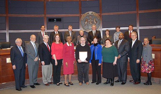 The Fairfax County Board of Supervisors recognizes Frank de la Fe of Reston for his service to Fairfax County and the Hunter Mill District at the March 20 Board of Supervisors meeting.