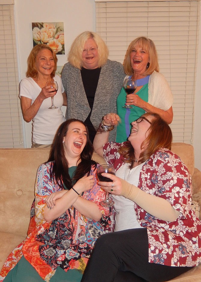 Rehearsing a scene from “The Dixie Swim Club” are (standing, from left) Carole Preston, Leslie Anne Ross and Kathy Young, and (seated, from left) Caty Nicholson and Gioia Albi.