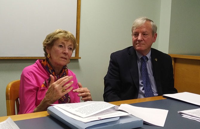 Kathy Burns, left, talks about her role in the newly formed non-partisan Political Action Committee Alexandrians for Better City Government at a March 29 press conference at Beatley Central Library. With her is co-chair and two-time City Council candidate Bob Wood.