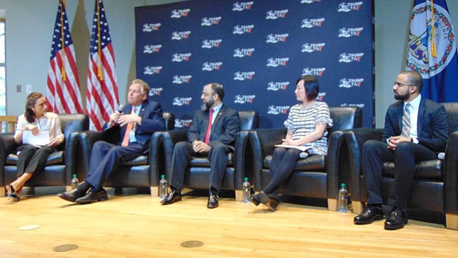 The panelists for the Trump Tax Town Hall Meeting included (from left): Nicole Gill, Tax March Executive Director; former Virginia Gov. Terry McAuliffe; Muneer Baig, SYSUSA Small Business owner; Anna Chu, National Women’s Law Center; and Emanuel Nieves, Prosperity Now Senior Policy Manager.
