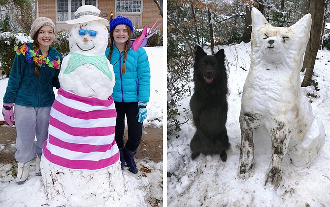 Brianna Camp, 21, college student, and her sister, Abby Camp, 12, of Fairfax hanging out with Bertha the snow lady in their Fairfax yard, while Koda the dog poses with Brianna's snow fox.