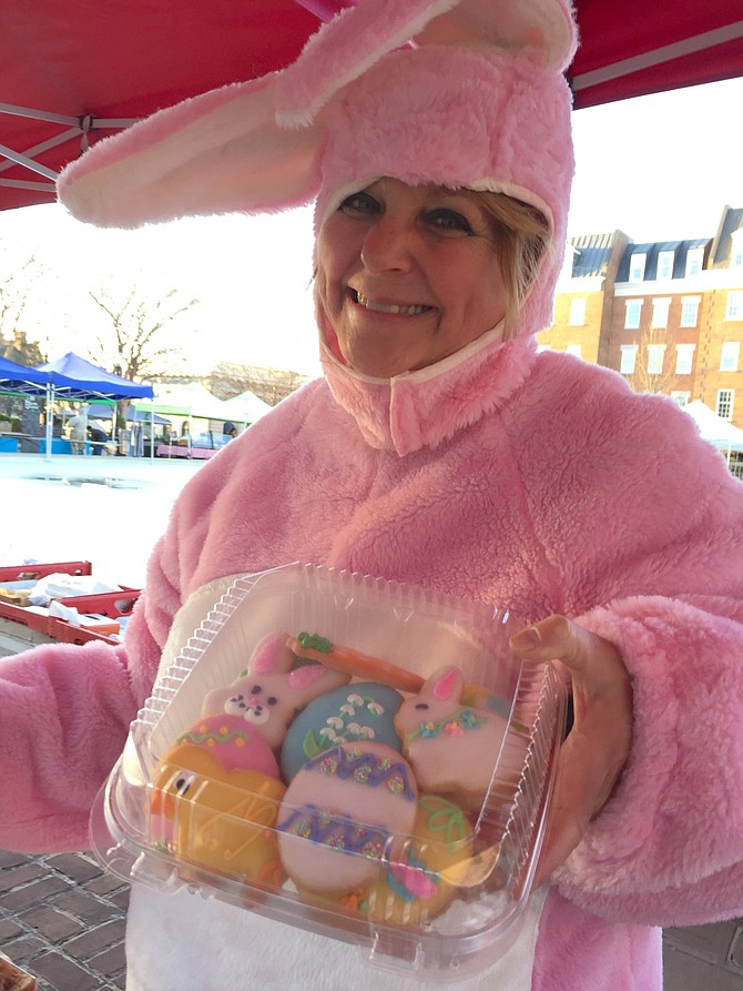 Was that the Easter bunny at Old Town Farmers' Market in City Hall's Market Square on Saturday morning, March 31? No, it was Maribeth Nyerges, of Maribeth’s Bakery, selling cookies and baked goods.
