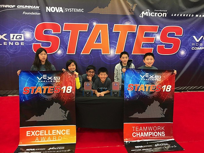 Matthew Li, (fourth from left) is a seventh grader at Herndon’s Nysmith School for the Gifted. He and the other members of the Nysmith Vex IQ Robotics team, Rising Phoenix. (from left) Sophia Lee, Samantha Li, Pranav Anumandla, David Han, Daniel Wu and not pictured, Cynthia Wu, won this year's Vex IQ Robotics Virginia State Championship - middle school division.