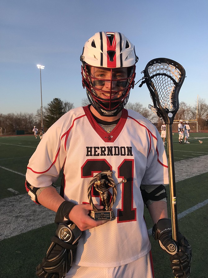 Jeff Donlan, Herndon High School lacrosse player, receives the 2018 Lou Peterson 'Respect the Game' Award on Thursday, April 5.