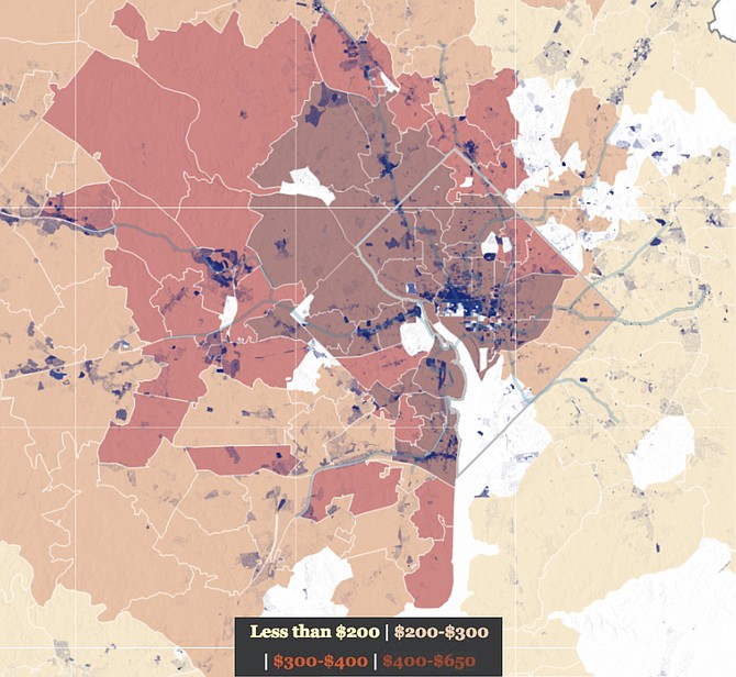 Whereas jobs are concentrated in the metropolitan core, more affordable housing is spread to the metropolitan periphery. Regional transit helps bridge the gap. The color shading represents price per square foot at time of sale. Blue dots represent job densities. 

Image created by the Esri Story Map Team (storymaps.arcgis.com) as part of an interactive data-mapping presentation called “End of the Line” (storymaps.esri.com/stories/2017/dc-transit); reproduced with permission. Map data from Zillow (zillow.com/research/data) and the U.S. Census’ Longitudinal Employer-Household Dynamics program (lehd.ces.census.gov).