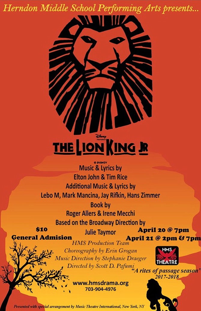Handbill for “Disney’s The Lion King Jr.,” to be presented by Herndon Middle School Performing Arts.