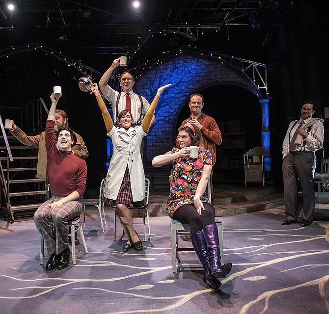 Sasha Olinick, Tiziano D'Affuso, Ryan Manning, Caroline Wolfson, Aaron Bliden, Farrell Parker and Jamie Smithson in "Fly By Night" at 1st Stage (Tysons). 