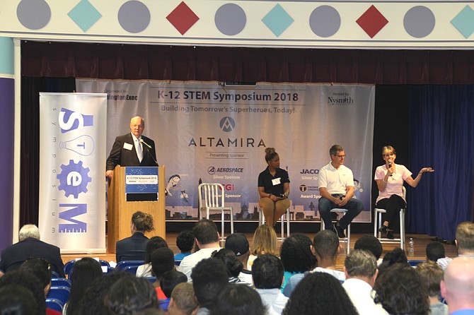 Ed Swallow, K-12 STEM Symposium Chairman and SVP, Civil Systems Group, The Aerospace Corporation, moderates panel on what it takes to be a Superhero in STEM with Kristy Clark (Chief Engineer, Vencore), Renee Wynn (CIO, NASA), and Ted Davies (CEO, Altamira).