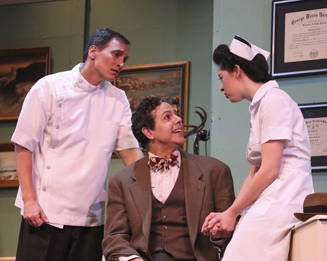 Richard Isaacs (Lyman Sanderson, M.D.), Andy Izquierdo (Elwood P. Dowd), and Lindsey Doane (Ruth Kelly, R.N.) star in The Little Theatre of Alexandria’s “Harvey.”