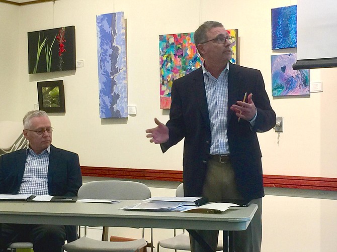 Herman Diebler and Rick Irwin (seated) alert Great Falls Citizens Association of their plans to build 62-unit assisted living and memory care facility at the intersection of Walker and Colvin Run roads. They plan to submit a special exception application to the county in June 2018 and hope to open in February 2021.