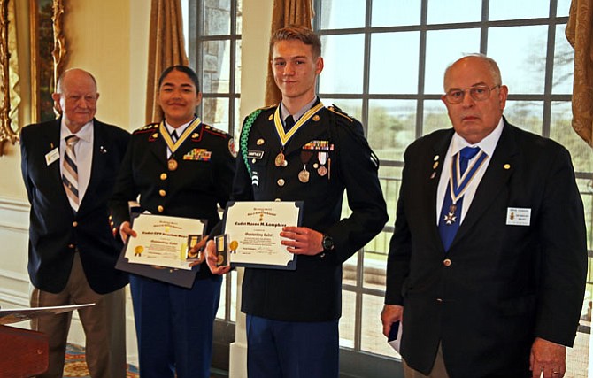 JROTC cadets Scarlett Reyes and Mason Lamphier, center, are presented with Outstanding Cadet awards by the Sons of the American Revolution George Washington Chapter Awards Chair Jack Pitzer, left, and President Ernest Coggins April 14 at Belle Haven Country Club.