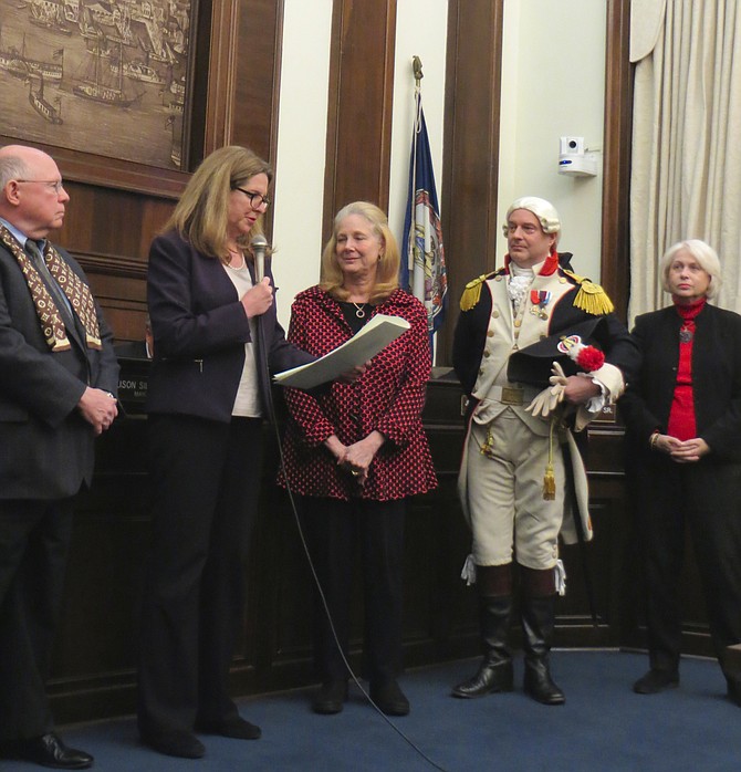From left: Dr. Danny Smith, Gadsby’s Tavern Museum Society member; Mayor Allison Silberberg; Nancy Kegan Smith, president of Gadsby’s Tavern Museum Society; Michael Halbert as Marquis de Lafayette; and Kay Zerwick, secretary of Gadsby’s Tavern Museum Society and chair of the Springtime in Paris Ball.
