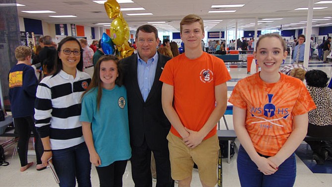 Springfield District Supervisor Pat Herrity (center), with (from left): Sam Donnelly Jonsson, Emily Butters, Connor Brooks, and Laura Moritz at the Teen Job Fair last Saturday.