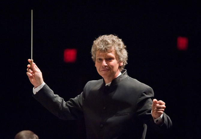 Maestro Christopher Zimmerman conducting the Fairfax Symphony Orchestra.