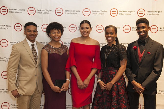 From left: Scholarship winners Tylan L. Reeves, Tuscarora High School, Leesburg; Adriana H. Jones, Heritage High School, Leesburg; Zoe Price, T.C. Williams High School; Naomi M. Nero, Oakton High School, Vienna; and Justin H. Moore, Forest Park High School, Woodbridge.