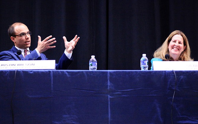 Mayor Allison Silberberg and Vice Mayor Justin Wilson at their first mayoral debate before the June 12 primary.