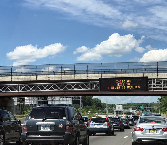 Traffic backs up on the Beltway where the Express Lanes end and cars must merge into fewer lanes. Cut-through traffic trying to avoid the backup on the Beltway backs up on McLean’s roads, causing a “nightmare,” according to some residents.