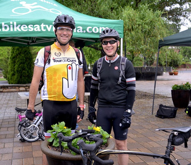 From left, Dan Combs of Vienna and Eric Lacey of Oakton, are often trail partners as they cycle to work across the Potomac, usually three times per week. Lacey stops pedalling in Georgetown, while Combs pushes on a bit farther into the District.