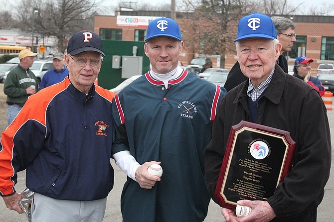 Donald Simpson Sr., right, shown with Dan Lehman and Donald Simpson Jr. at the 60th anniversary of Simpson Field baseball in 2013, died May 14 at the age of 87.